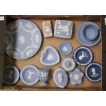 A collection of Wedgwood Jasper ware : to include cup & saucer, lidded boxes, lilac box, plate,