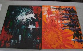 Two unframed canvas abstract paintings: by Rachel Bishop (unsigned), vendor is a former Moorcroft