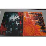 Two unframed canvas abstract paintings: by Rachel Bishop (unsigned), vendor is a former Moorcroft