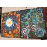 Two unframed canvas abstract paintings: by Rachel Bishop (unsigned), vendor is a former Moorcroft