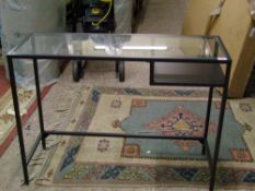 Modern wrought iron and glass console table: 100cm w x 36cm d x 74.5cm h.