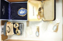 A collection of Wedgwood jasperware jewellery: including pendants, brooches and pair cufflinks. (7)