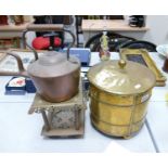 Lidded Round Brass Coal Bucket together with Copper kettle & brass trivet(3)