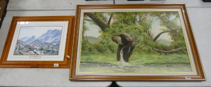 Large Oil on Board of Elephant in Jungle Scene: signed McDonald 74 x 103cm, together with framed