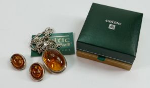 Sterling silver mounted faux amber large pendant with chain and matching silver earrings: Celtic