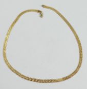 9ct gold fully hallmarked flat link necklet: Measures 43cm long, weight 9.1g.