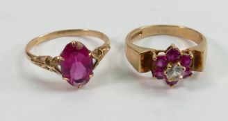 Two 9ct hallmarked gold gem set rings: Gross weight 5.1g, marquise cut red stone set ring size O,