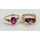 Two 9ct hallmarked gold gem set rings: Gross weight 5.1g, marquise cut red stone set ring size O,