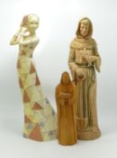 Three Modern figures to include: carved wooden religious item, Terracotta Religious item & Resin