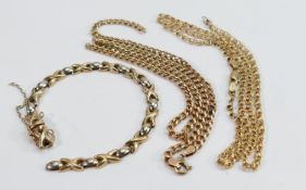 Broken 9ct gold jewellery includes 2 neck chains and a bracelet: All hallmarked, and weighing 16.