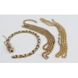 Broken 9ct gold jewellery includes 2 neck chains and a bracelet: All hallmarked, and weighing 16.