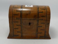 Victorian walnut tea caddy with Tunbridge parquetry decoration: Measures 22.5cm wide, complete