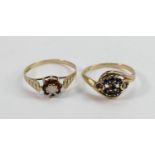 Two 9ct hallmarked gold gem set rings: Gross weight 3g, garnet & opal set ring size P, sapphire