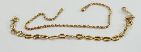 Two x 18ct gold bracelets: Fine rope twist in good condition, larger one showing signs of wear.