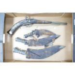 Three Vintage Kukri Gurka Knives: together with wood & Brass Wall Hanging Model of a flintlock