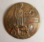 WWI bronze death penny or death plaque to James Vickers.