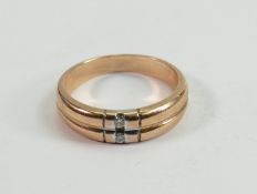 High carat gold ring set 2 diamonds: Two small diamonds set in double band shank, large UK size S1/