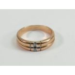 High carat gold ring set 2 diamonds: Two small diamonds set in double band shank, large UK size S1/