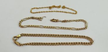 2 x 9ct gold bracelets neck chain: Gross weight 5.1g. One bracelet broken, neck chain broken and