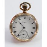 Gold plated Waltham pocket watch: in ticking order, small crack to enamel dial.