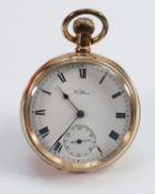 Gold plated Waltham pocket watch: in ticking order, small crack to enamel dial.