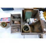 A mixed collection of items to include: wooden boxes, vintage tins, long nose oil can, stoneware etc