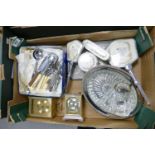 A mixed collection of items to include: Chromed Dressing table sets, Brass Carriage Clocks,
