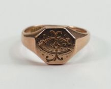 9ct rose gold gents signet ring, size R, 5g: