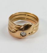 18ct gold and diamond set snake ring: Fully UK hallmarked 18ct, set with old cut diamond measuring