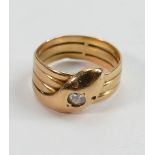 18ct gold and diamond set snake ring: Fully UK hallmarked 18ct, set with old cut diamond measuring