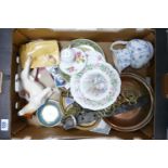 A mixed collection of items to include: collectors plates, Melba Ware dog, Copper frying pan ,