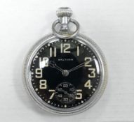 Waltham Military Pocket Watch in Leather Case: Broad Arrow stamp noted