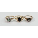 Three 9ct hallmarked gold gem set rings: Gross weight 5.4g, onyx set ring size P, green set ring