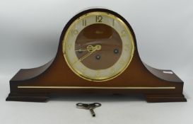 Wooden Cased Mantle Clock: length 42.5cm with key