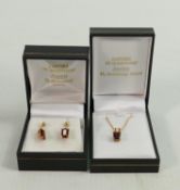 9ct gold and garnet set pendant on chain plus pair of matching earrings: Garnets 7mm high appx.,
