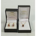 9ct gold and garnet set pendant on chain plus pair of matching earrings: Garnets 7mm high appx.,