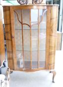Queen Anne Style Display Cabinet. Figured walnut veneer, bow fronted & astragal glazed, with