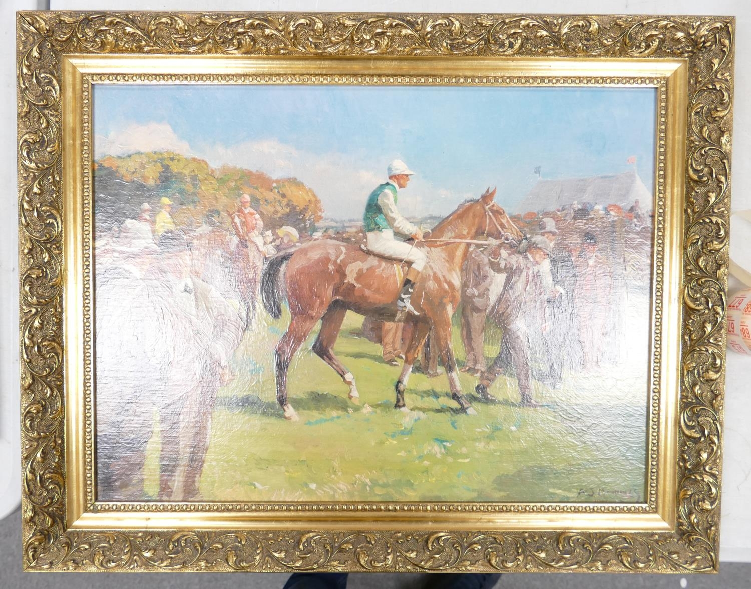 A J Munnings oleograph print of Racehorses: frame size 57 x 72cm