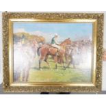 A J Munnings oleograph print of Racehorses: frame size 57 x 72cm