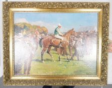 A J Munnings oleograph print of Racehorses: frame size 57 x 72cm