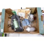 Mixed collection of items including vintage roller skates, cycling bags & brochures, canoeing trophy