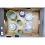 A mixed collection of items to include: Sage Green Jasper planter, vases, lidded pot, blue jasper