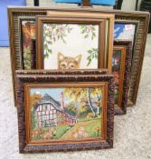 Six framed cross-stitch pictures: various themes (6).