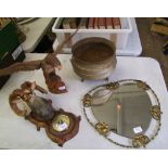 A mixed lot of items to include: Mid Century Mirror, Cast metal planter, carved wooden eagle and a