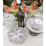 A mixed collection of items to include: large crystal lidded pot, vintage style glass domed cake