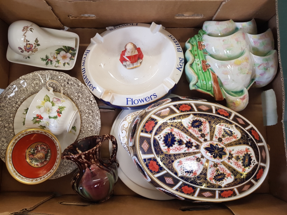 Tray of Ceramics - Royal Crown Derby Imari Tureen & Cover (a/f): Carlton Ware Brewmaster Ashtray (