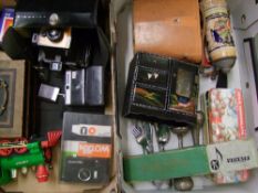 A mixed collection of items to include: Cased binoculars, vintage cameras, Lacquered Jewellery box