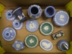 Wedgwood jasper ware items to include: 2 x teal pin dishes, blue chamber stick, Queens blue vase,