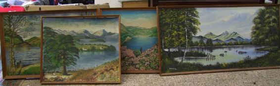 A group of 4 1970's teak framed oil on board paintings: waterside scenes (1 a/f), size of largest