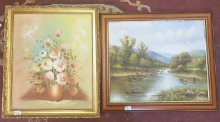 Two framed oil on canvas paintings: one still life and one of a waterside scene 70cm x 60cm